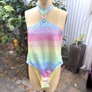 NWT Moda Minx Baby Pink Rainbow Lurex Metallic Halter One Piece Swimsuit Size M